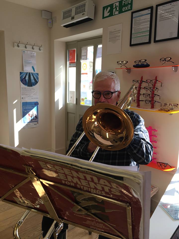 Trombonist Tony Spencer of Simply Brass buys his glasses from Allegro Optical the musicians optician in Saddleworth and Holmfirth